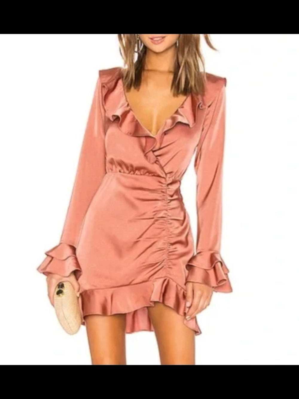 MAJORELLE Rust Satin Ruffle Wrap Mini Dress